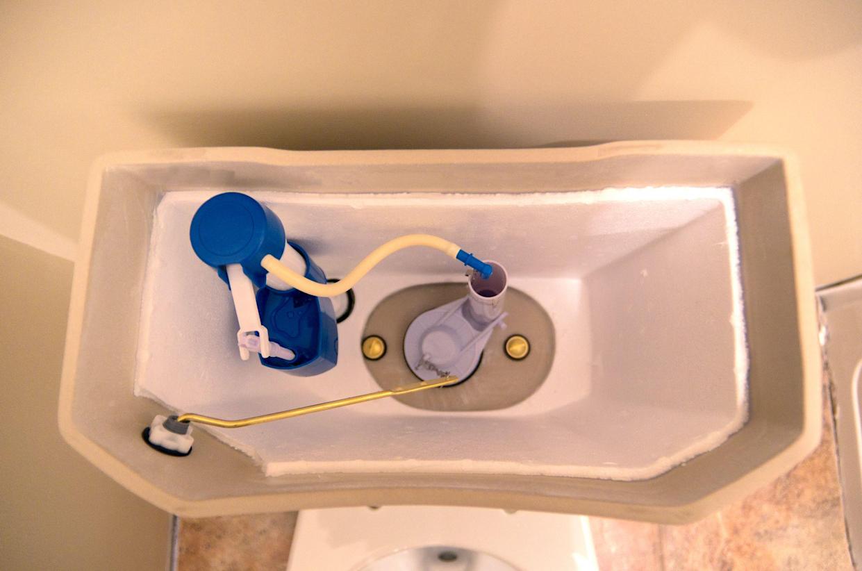 Top view of a brand new insulated toilet tank during a new-build home.