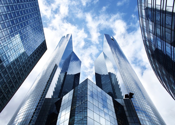 A cluster of tall commercial buildings.