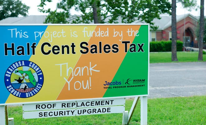 A sign in front of the Edge Elementary School in Niceville thanks voters and explains the improvements being made as the Okaloosa County School District buildings receive repairs and upgrades with money from the half-cent sales tax.