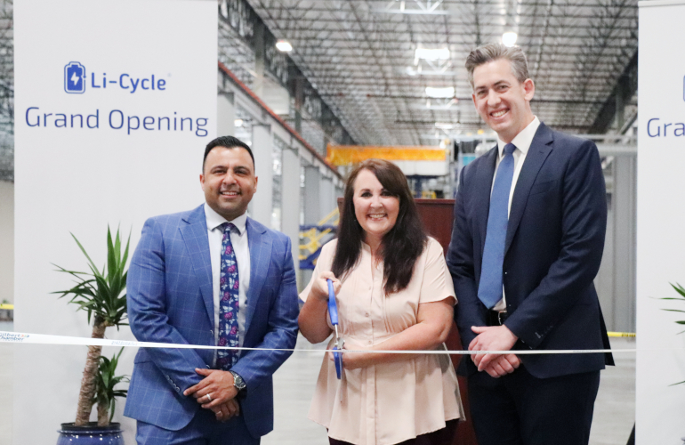 li-cycle grand opening Li-Cycle’s co-founders and the Mayor of Gilbert at the Company’s Grand Opening Event for its Arizona Spoke. Left – Ajay Kochhar, President and CEO, co-founder, Li-Cycle; Middle – Brigette Peterson, Mayor, Town of Gilbert; Right – Tim Johnston, Executive Chairman and co-founder, Li-Cycle