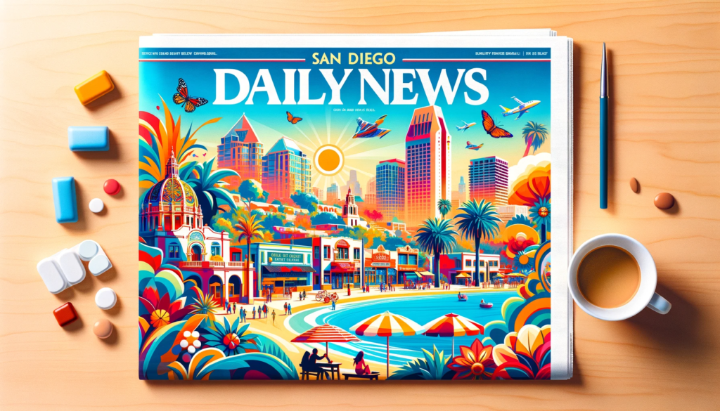 A colorful collage showcasing San Diego's iconic landmarks including Balboa Park, a vibrant beach scene, a trendy coffee shop, and a bustling street market, symbolizing the city's diverse culture and vibrant lifestyle.
