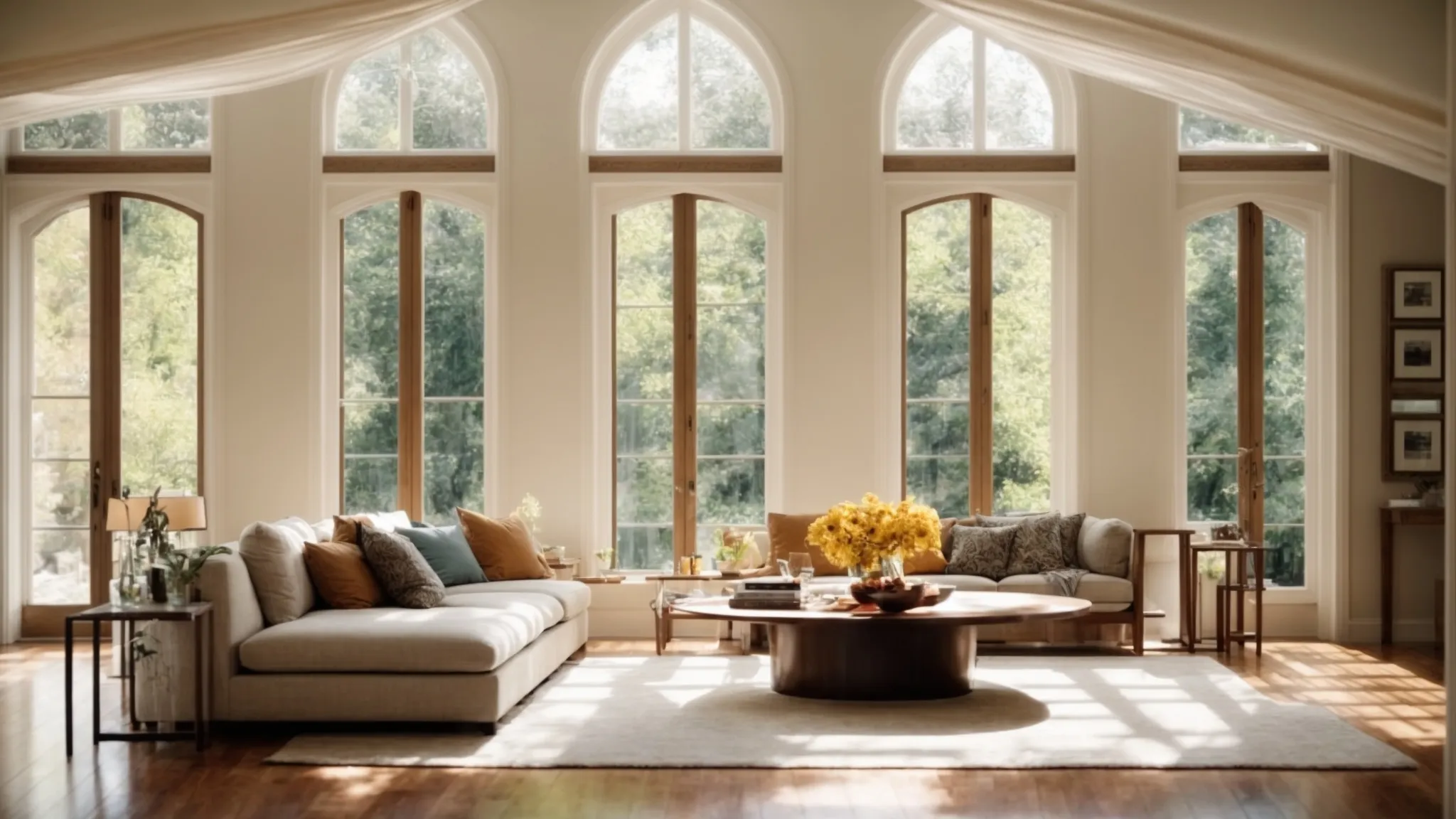 a wide, sunlit living room with two distinct types of elegant windows showcasing varying frame designs and color schemes, inviting comparison.
