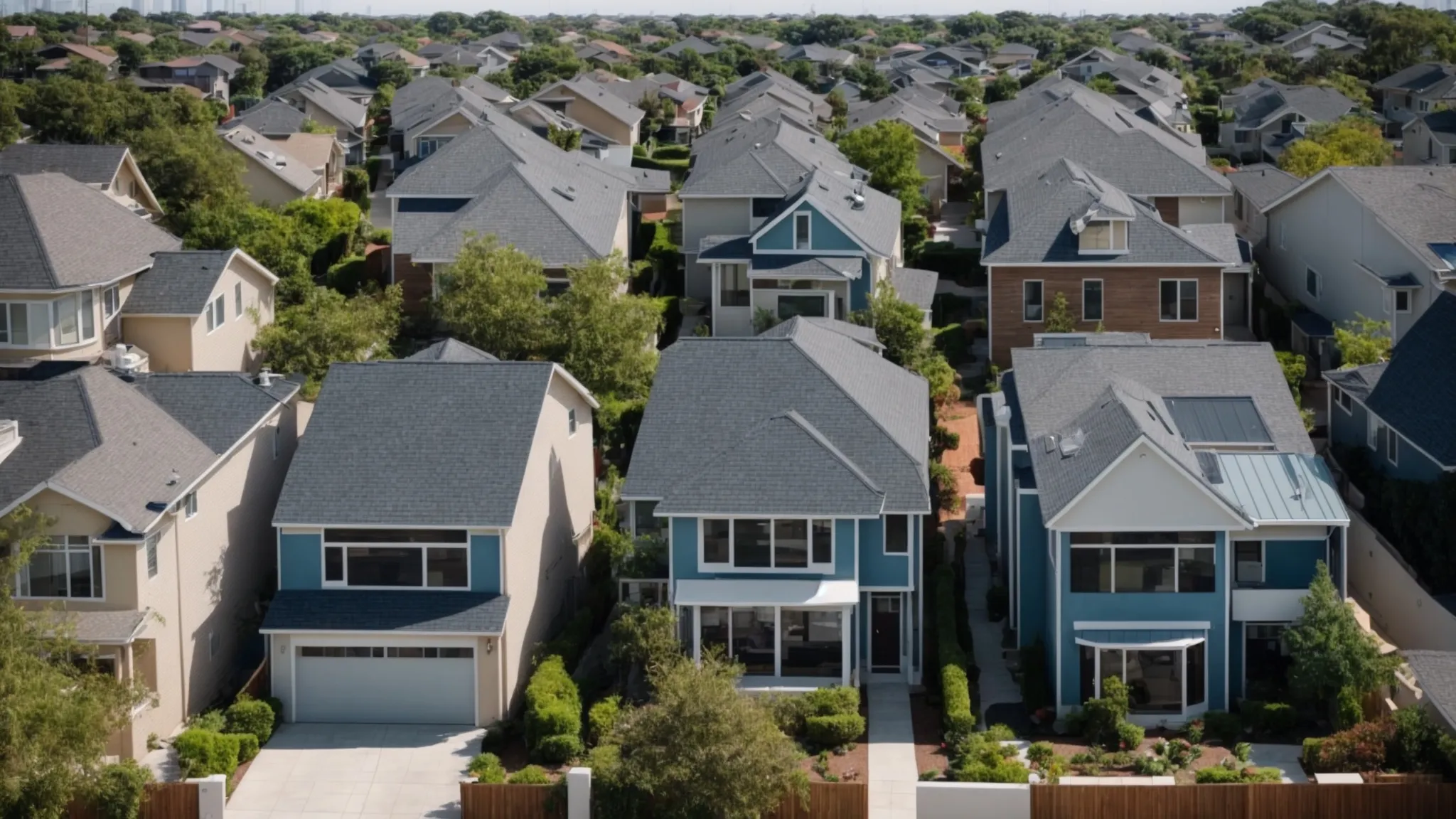 a broad view of a residential neighborhood, showcasing sleek houses with synthetic roofs under a clear blue sky.