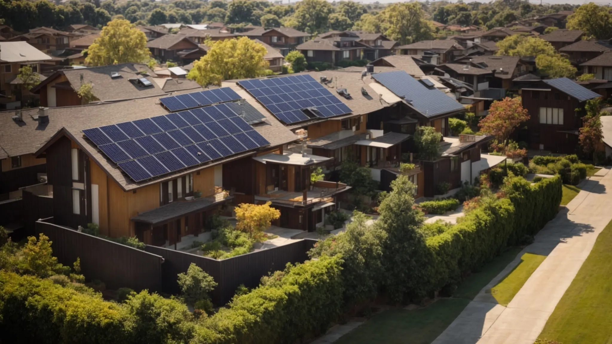 a panoramic view of a neighborhood showing houses with sleek solar panels integrated seamlessly into traditional roofs under a bright sun.