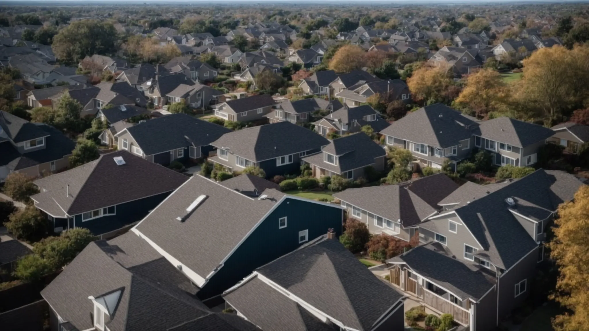 a wide vista showing a range of houses with new asphalt shingles, gleaming under the clear sky.