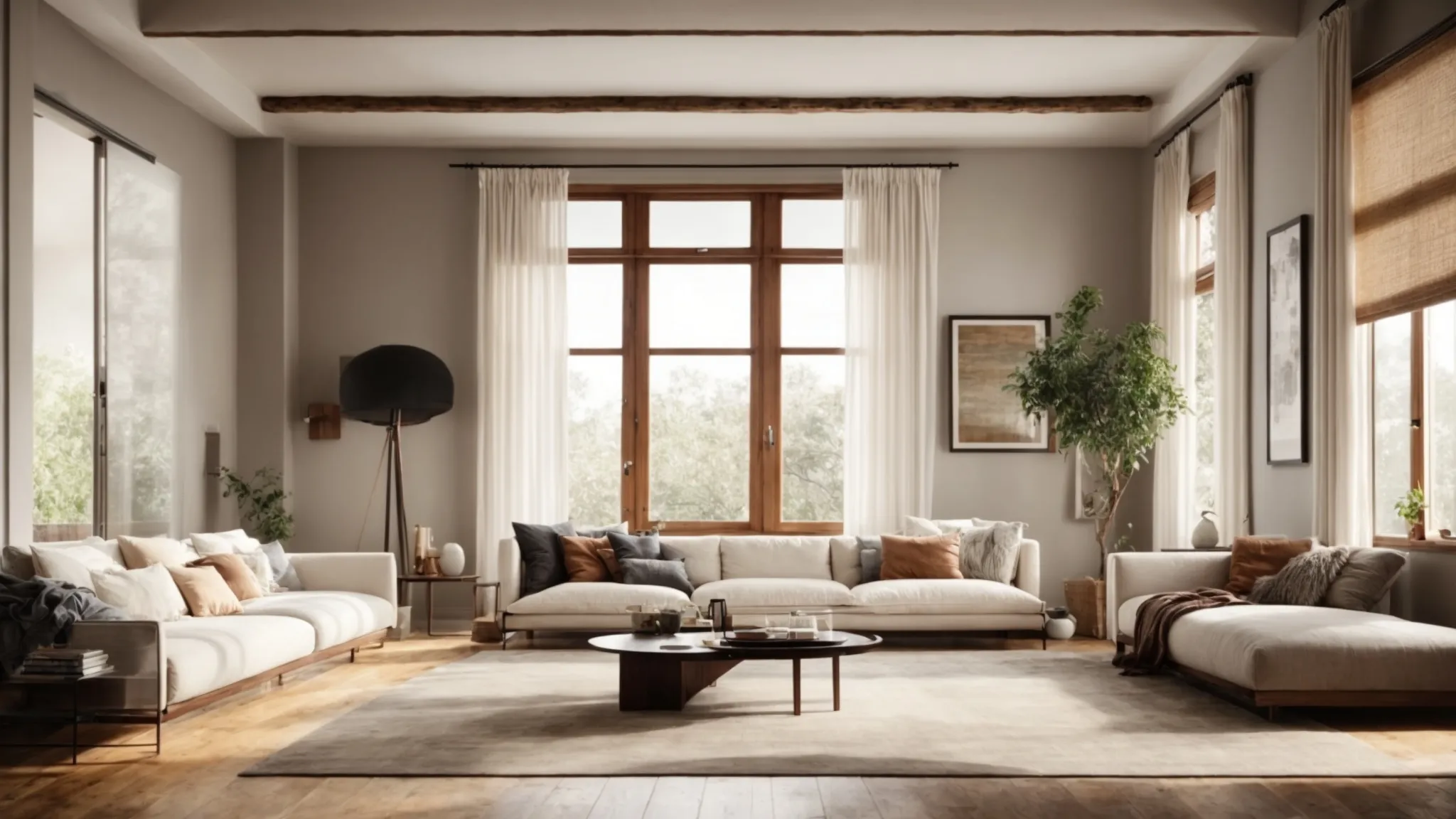 a minimalist living room flooded with natural light through sleek, modern windows, adjacent to a rustic kitchen area showcasing robust, artisan-style frames.