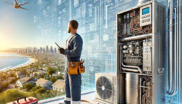 A professional HVAC contractor installs a modern residential HVAC system in San Diego. The sunny, coastal environment is visible in the background, with the contractor wearing a uniform and safety gear. The installation site is clean and organized, showcasing sleek, labeled components of the HVAC system.