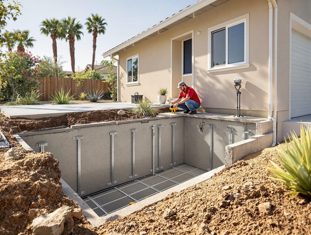 California residential setting focusing on earthquake preparedness and structural safety.