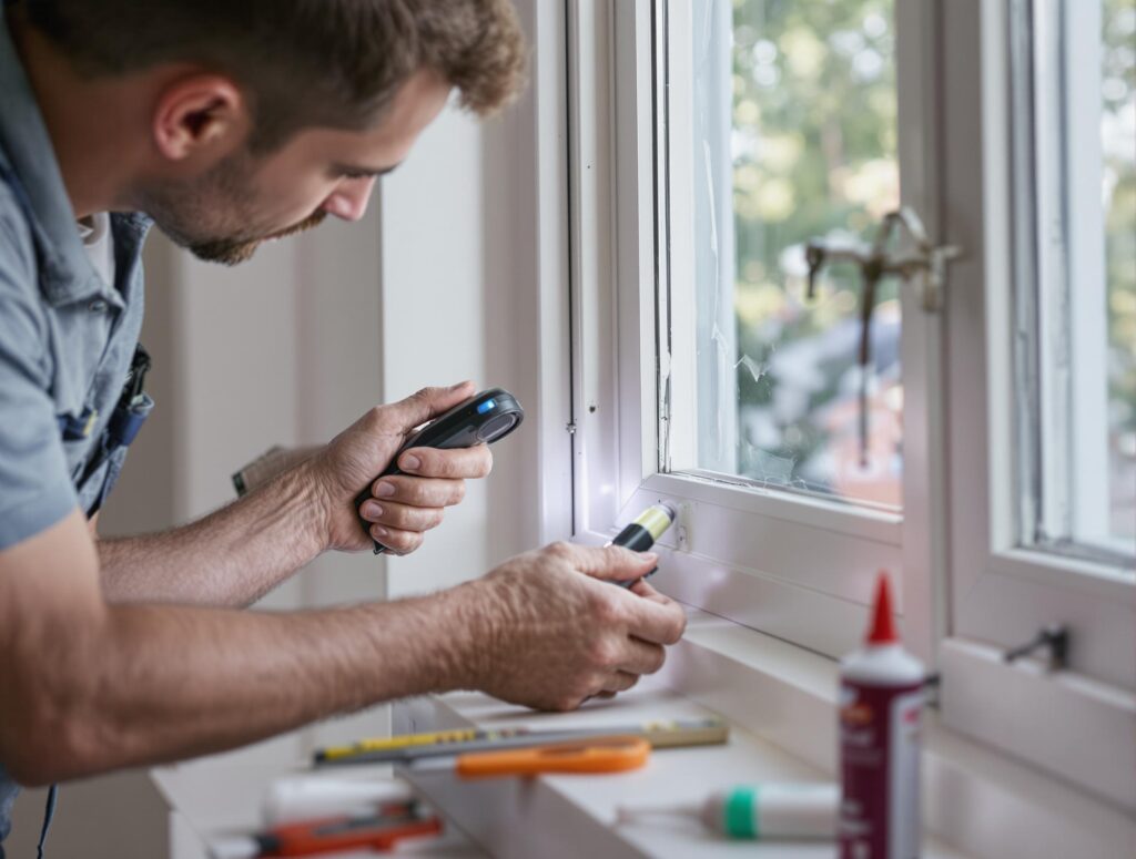 technician closely examining a residential window for signs of damage, such as cracks, gaps, or worn seals. 