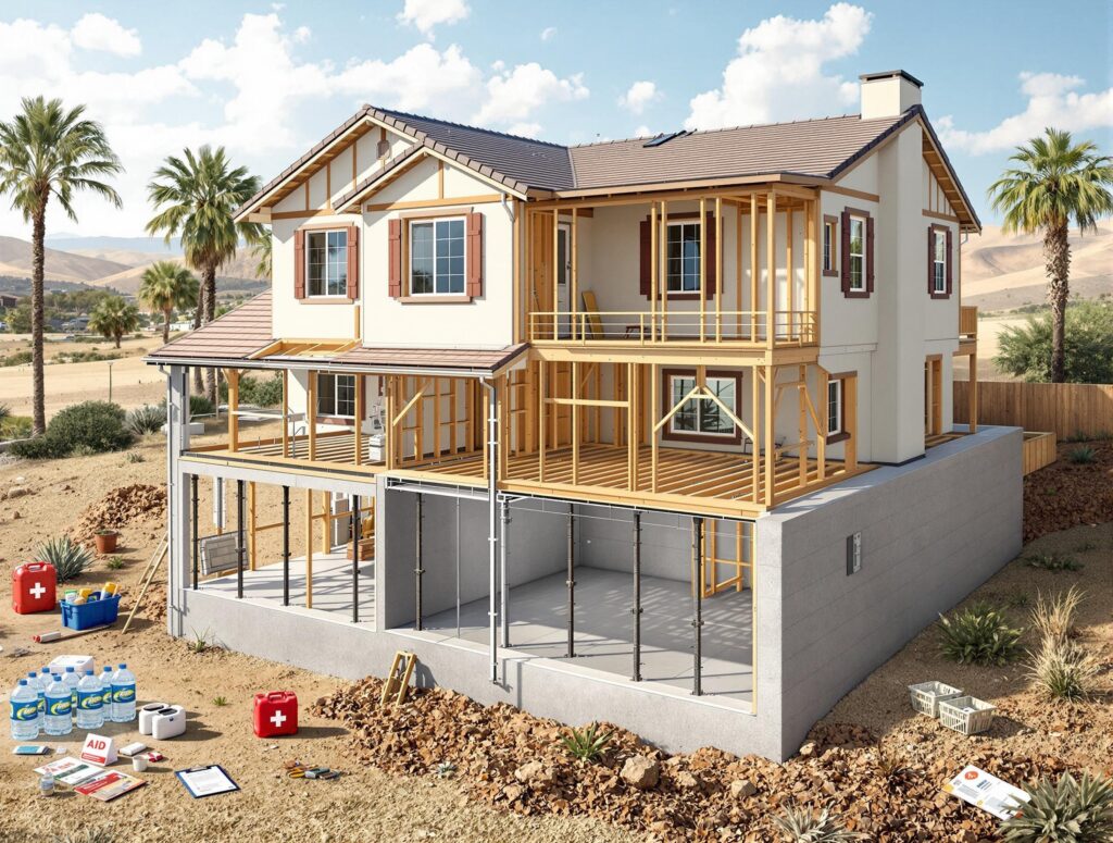 a visible reinforced foundation and structural support systems in place