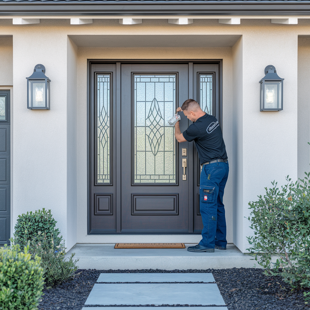 Newly installed fiber optic or steel front door on a modern house in South California