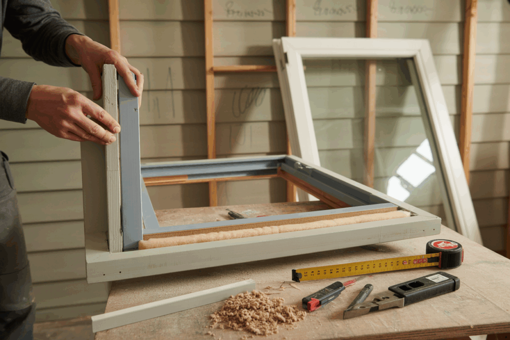 Workshop or home arrangement at home, with a partially dismantled window area