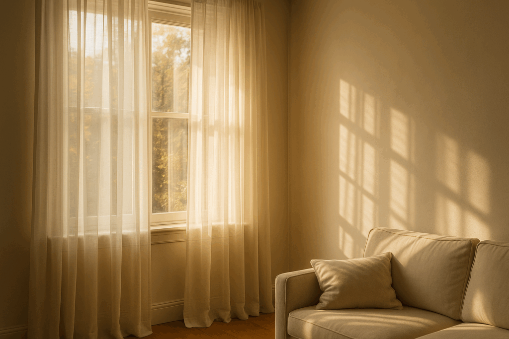 An interior scene with pure curtains that gently applied filting filtering near-Autumn Sunlight