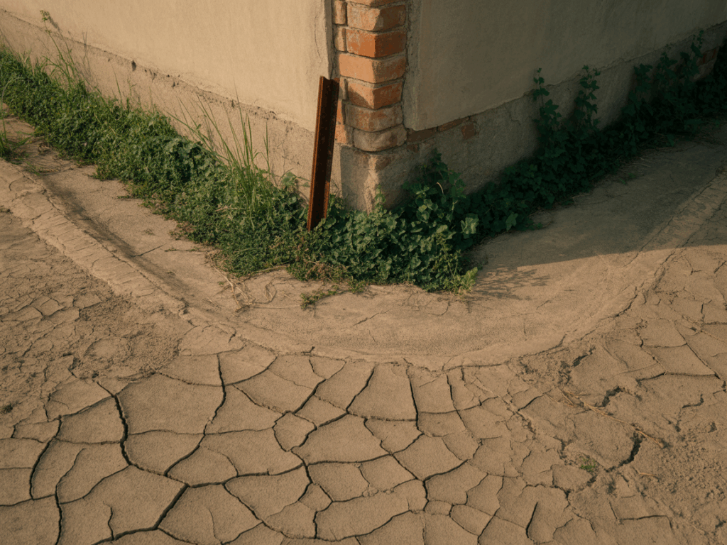 Dry, uneven soil adjacent to a foundation with visible sediment patterns after summer heat.