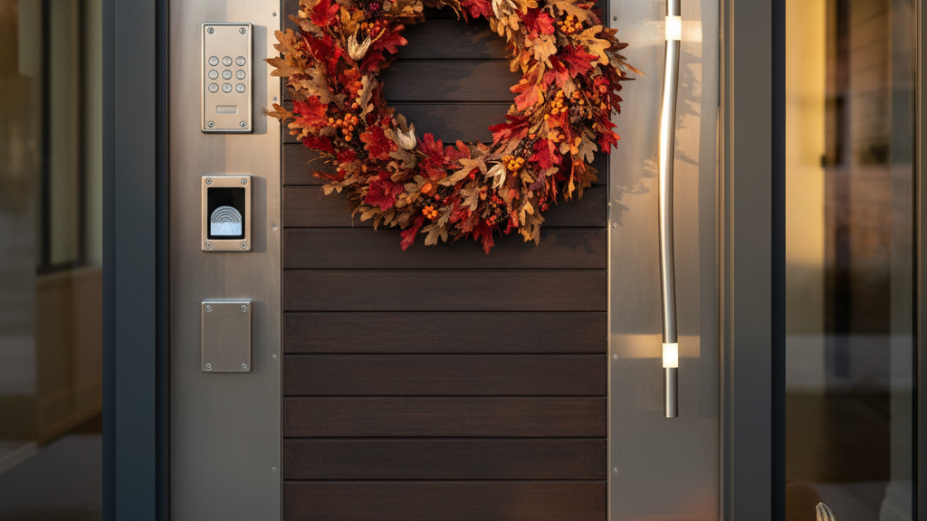 Impact-resistant entrance door close-up