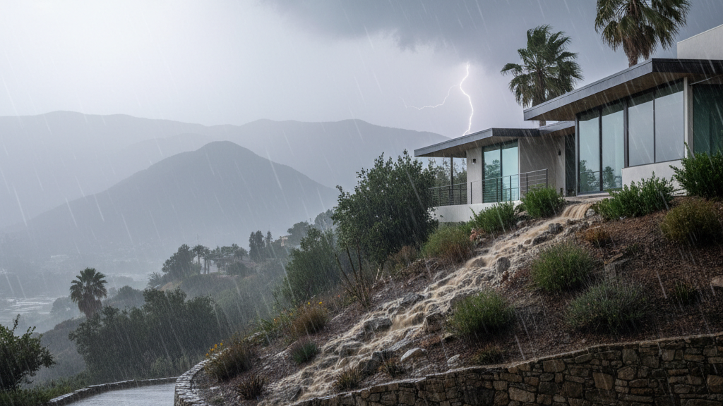 Water flows along a slope to a retaining wall